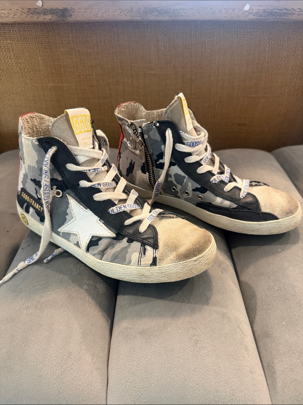 Golden Goose Black, White and Beige Camo High-Top Sneakers - 33